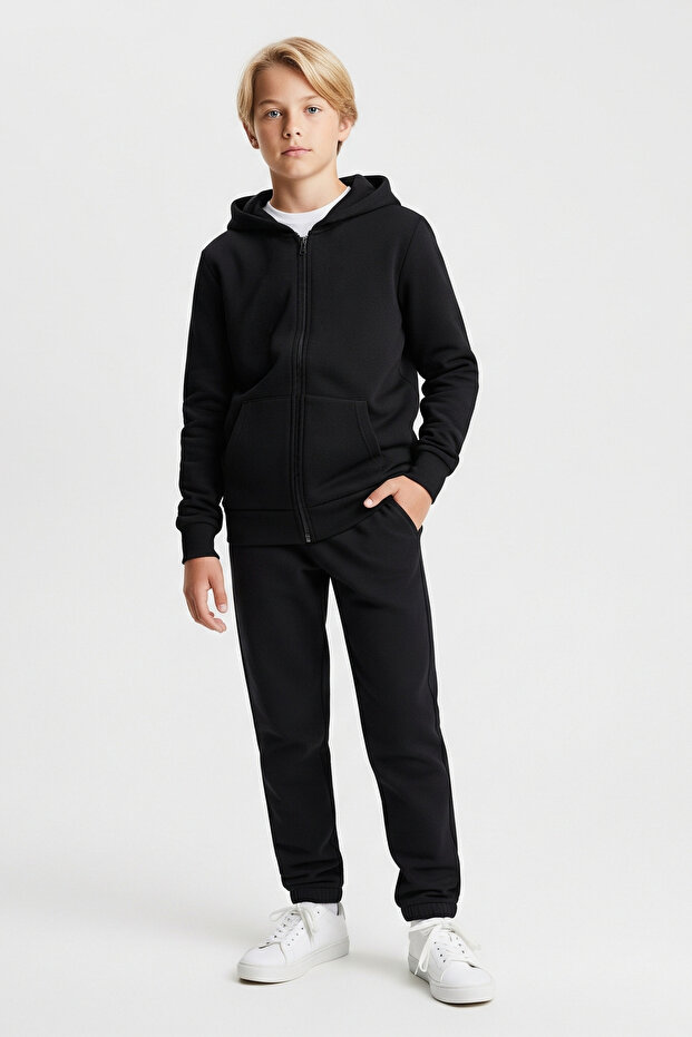 Plain Printless Zipper Hoodie with Kangaroo Pocket Boy's Tracksuit Set