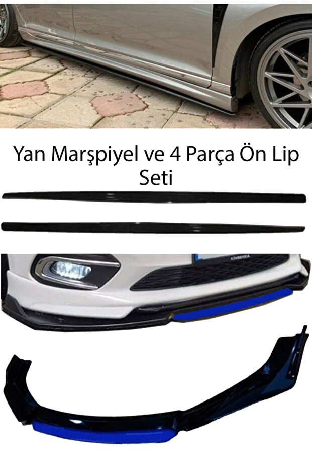 Fiat Egea F30 Düz Yan Marşpiyel + 4 Parça Mavi Ön Ek Piano Black Bodykit Set - 1
