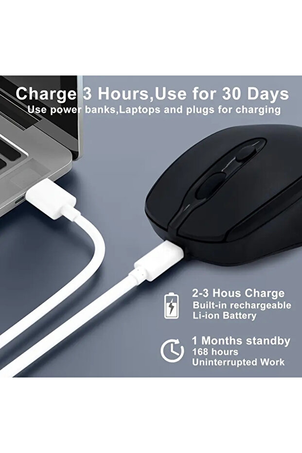 1200 DPI Şarjlı Bluetooth Kablosuz Mouse | Type-C Girişli, Sessiz, Siyah Wireless - 3