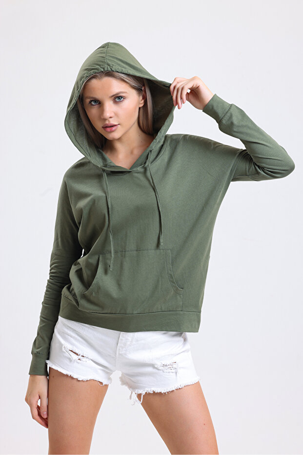 Women's Khaki Hooded Long Sleeve Sweatshirt with Kangaroo Pockets