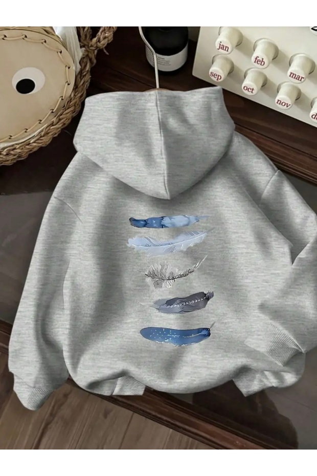 سويت شيرت بقلنسوة كبير الحجم مطبوع عليه ريشة زرقاء للجنسين (نسائي/رجالي)