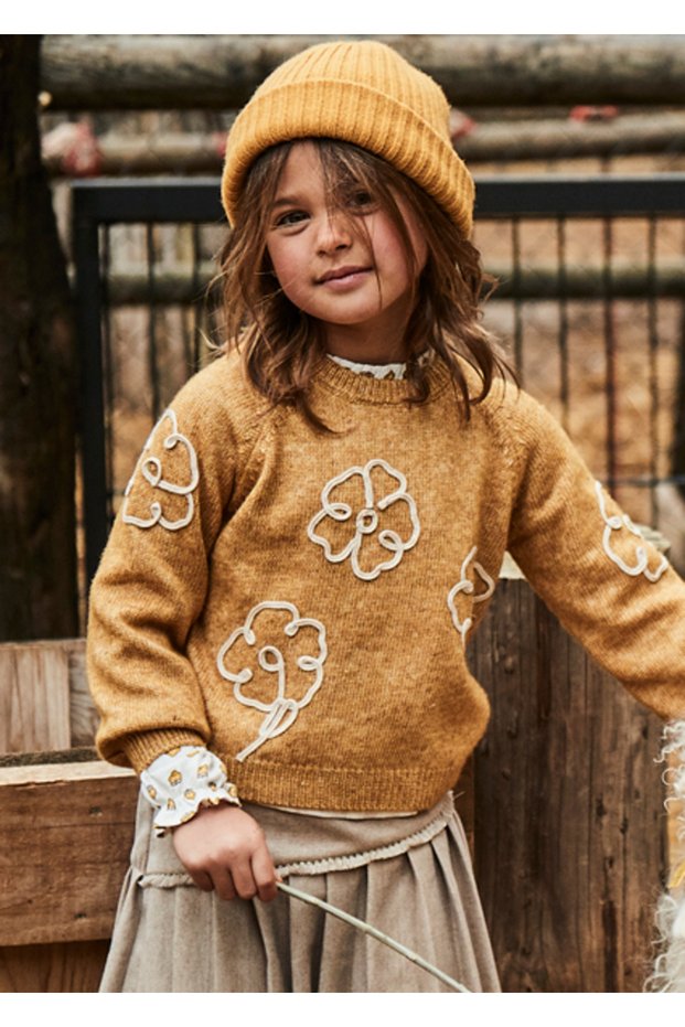 Mustard Girl's Floral Appliqued Sweater 4308