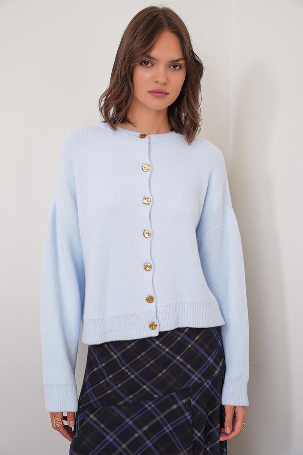 6956 Women's Stone Button Detailed Knitwear Soft Cardigan Baby Blue