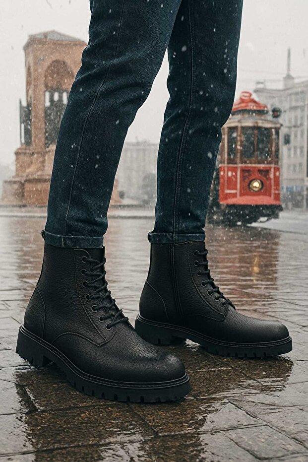 zege shoes Hakiki Deri Günlük Bot Suya ve Soğuğa Dayanıklı Ortopedik Tabanlı Tam Kalıp Erkek Bağlı Fermuarı Bot