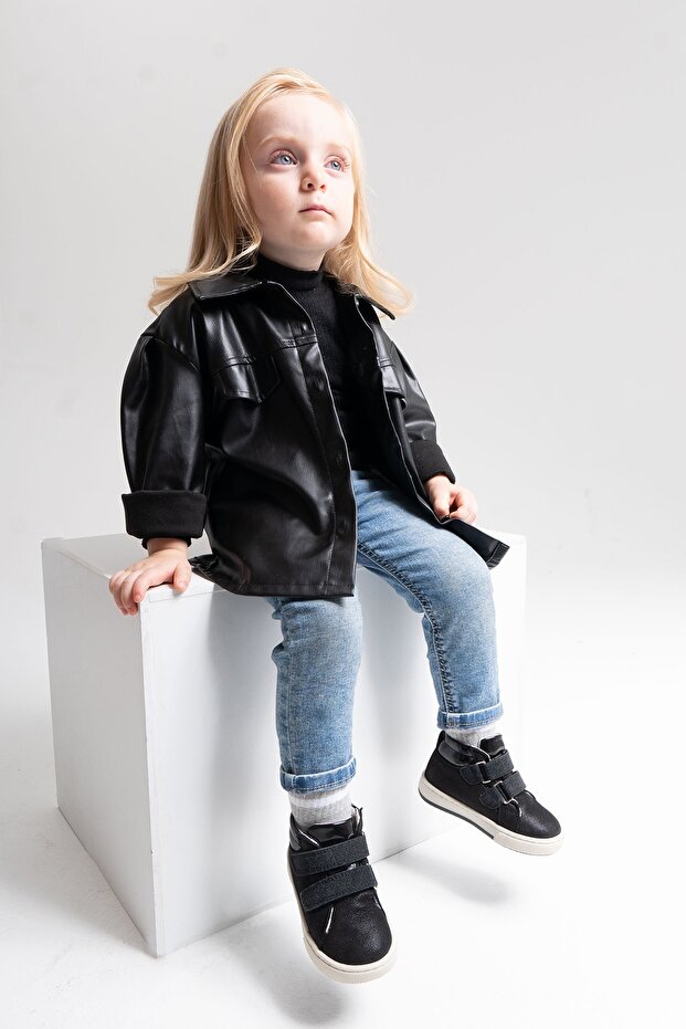 Kız Çocuk Siyah Hakiki Deri Suya Dayanıklı Anatomik İlk Adım Bot - 1