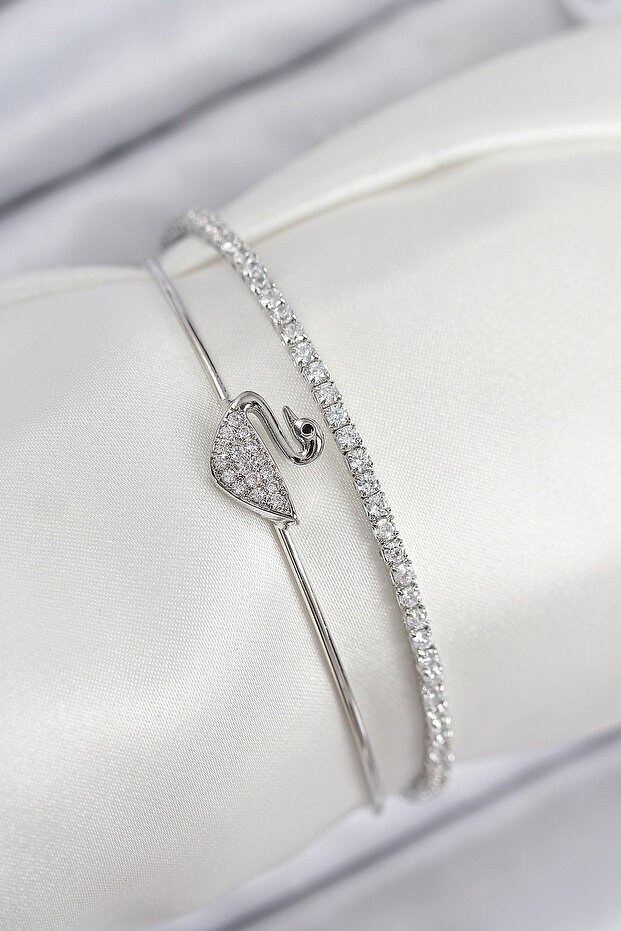 Brass Zircon Stone Swan Model Silver Color Women's Bracelet - Ebj250902W37750