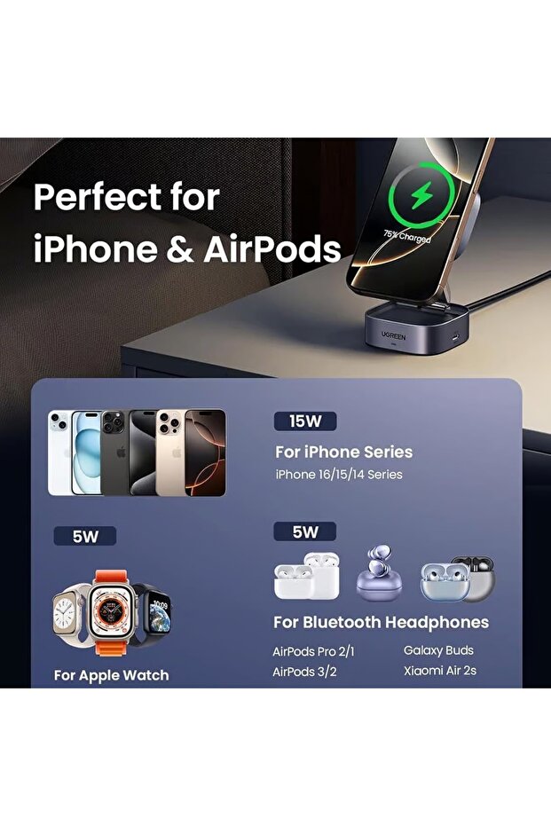 Încărcător wireless pliabil 2 în 1, 15 W, cablu, 1 m - W702 (35316) - Negru - 7