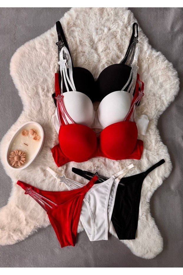 Love Angesls Women's Rhinestone Padded Supported Bra Panty Set Underwear Set Set of 3