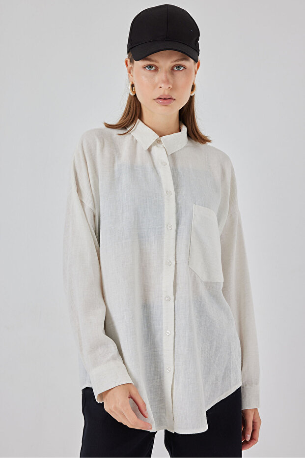 20153 Tek Cepli Oversize Keten Gömlek - Ekru - 2