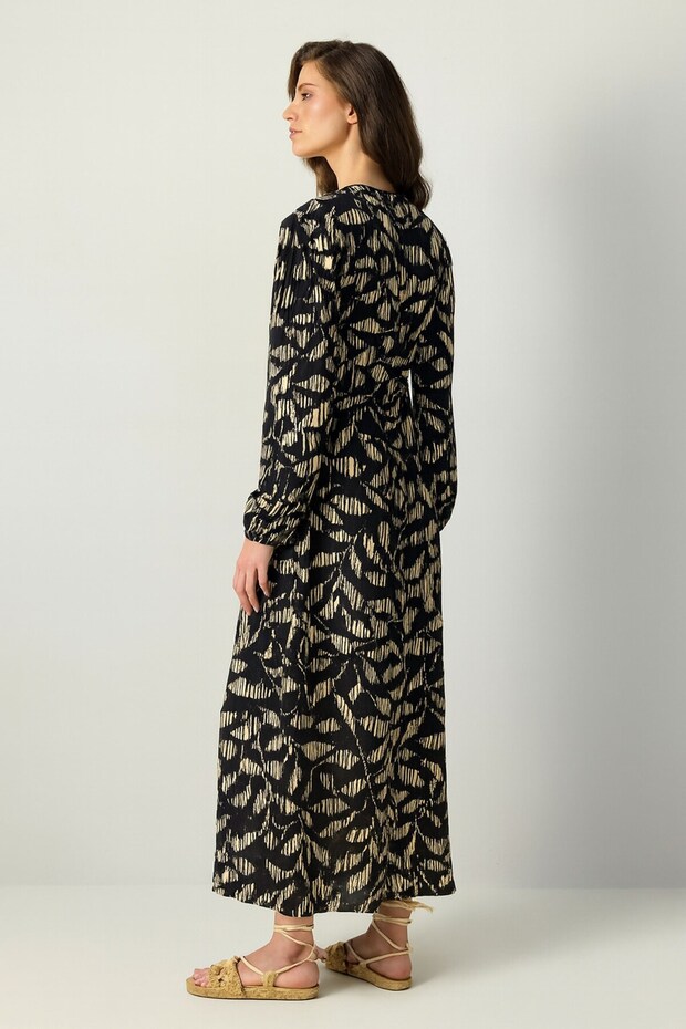 Kadın Siyah Yaprak Desenli Uzun Kollu Maxi Günlük ve Şık Elbise - Kadın Elbise - 2