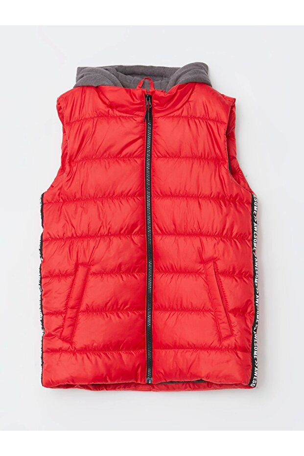Lcw Kids Red Hooded Printed Boys' Puffer Vest