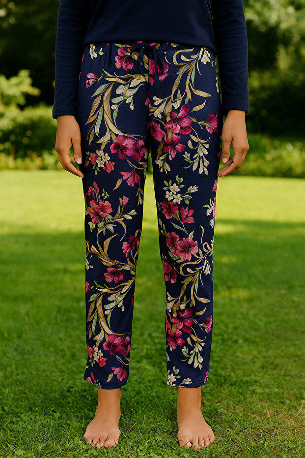 Lacivert Çiçek Desenli Tek Alt Pijama - 5