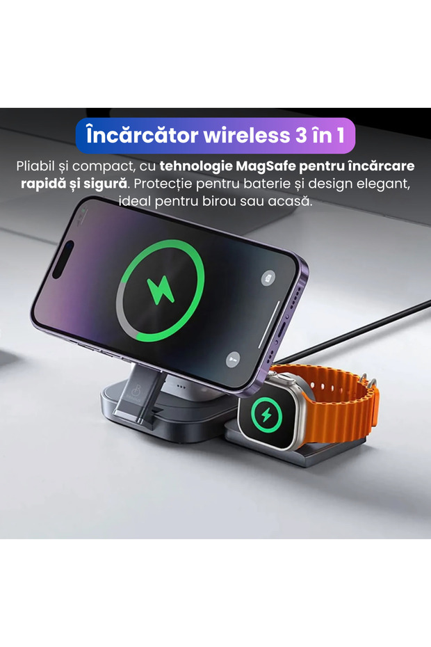 3 in 1 wireless charger, foldable, MagSafe, adjustable, compatible with iPhone, Watch, AirPods, black - 2