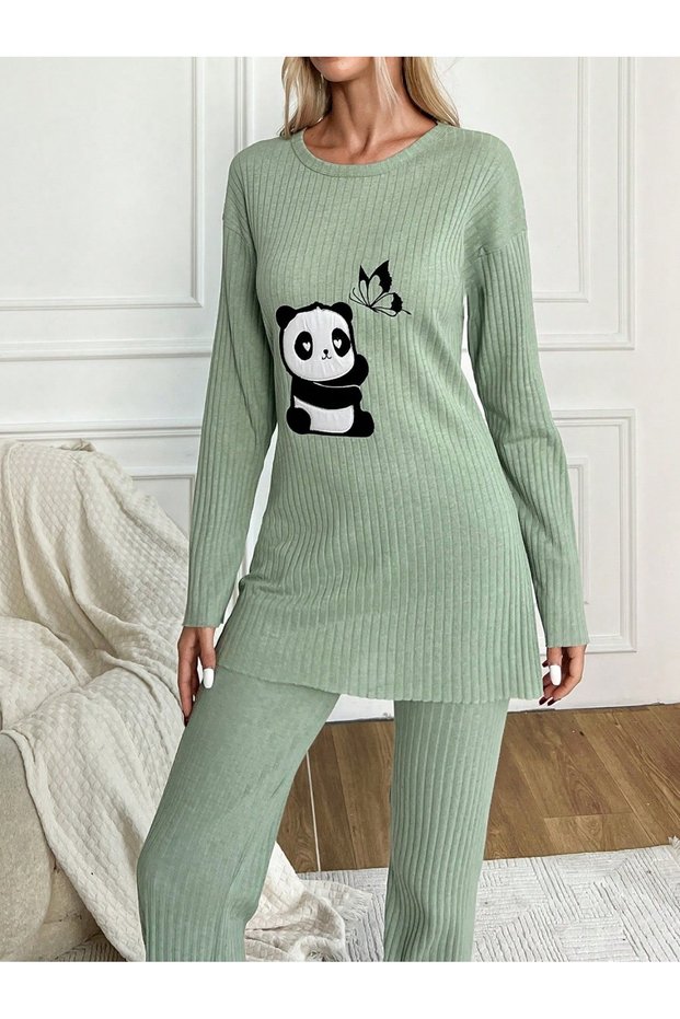 Women's Mint Panda Embroidered Camisole Double Set | Crew Neck Long Sleeve Tube Leg Home Wear Set | Corduroy Homewear Pajama Set