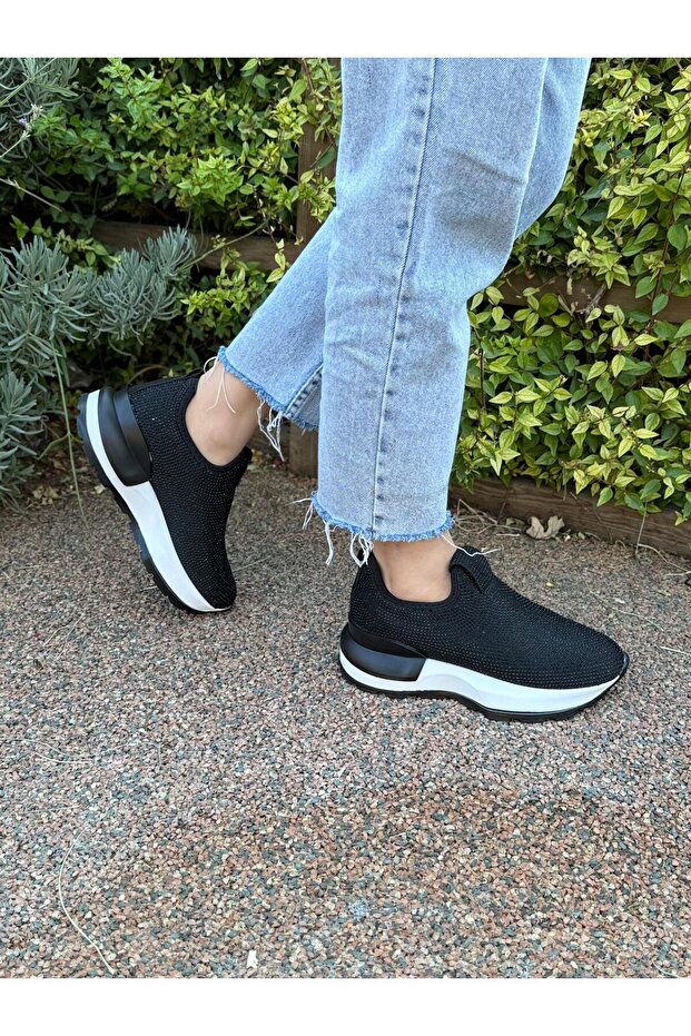 Kadın Desenli Taş Detaylı Yüksek Tabanlı Slip-on Yürüyüş Ayakkabısı - 6