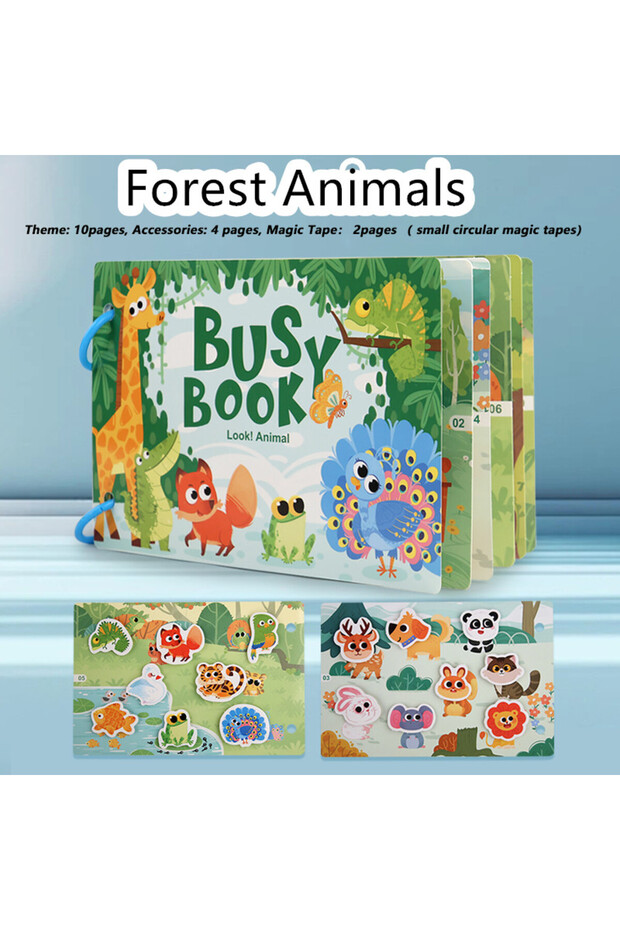 forest animals Busy Book for Kids, Animals Vehicles Dinosaurs Stickers, Matching Number & Letter Gam