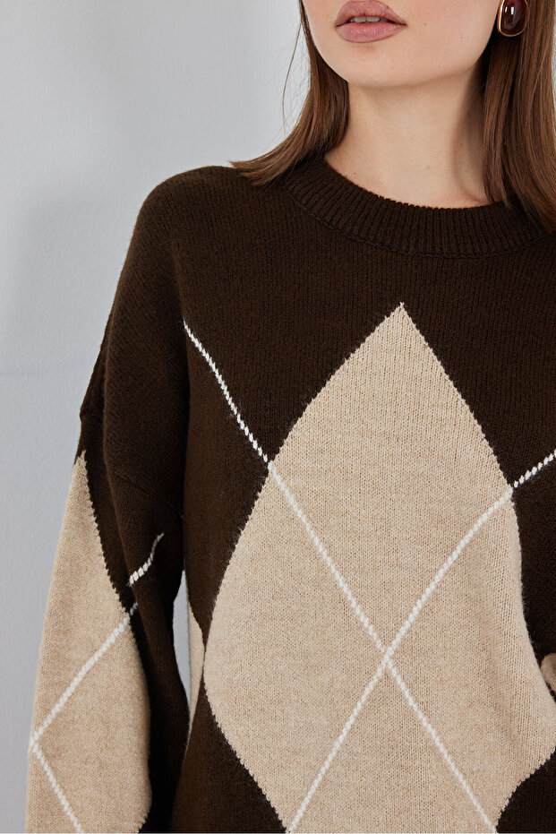 15895 Baklava Desenli Oversize Triko Kazak - A.Kahve - 5