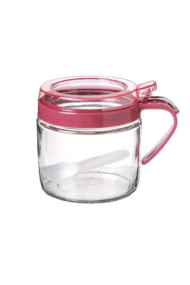 Condiment Container Flippy, Glass, 180 ml, with Handle and Spoon, 8 x 9 cm, Transparent Lid, Pink - 1