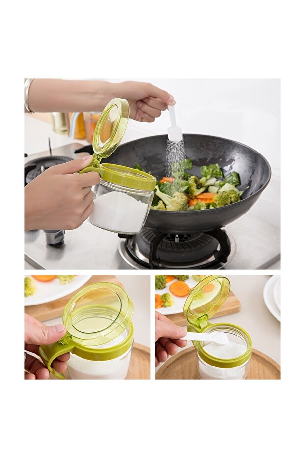 Condiment Container Flippy, Glass, 180 ml, with Handle and Spoon, Transparent Lid, Green - 8