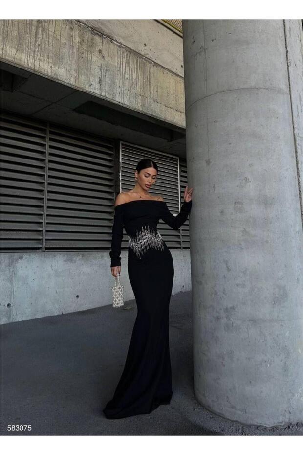 Crepe stone-embellished long cowl neck black dress 583075