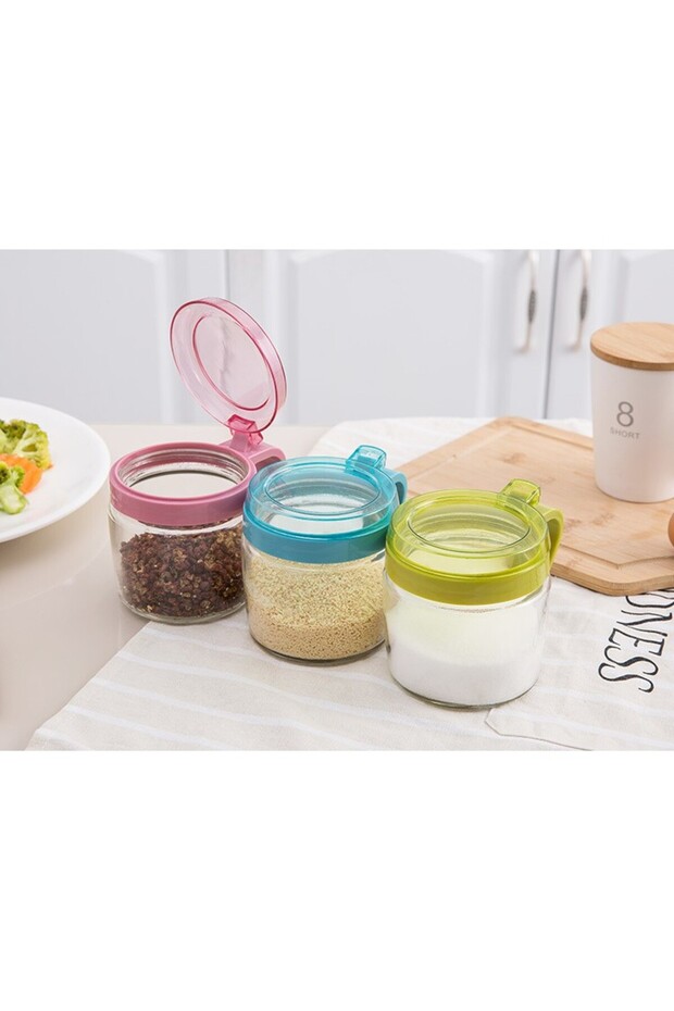 Condiment Container Flippy, Glass, 180 ml, with Handle and Spoon, 8 x 9 cm, Transparent Lid, Pink - 7