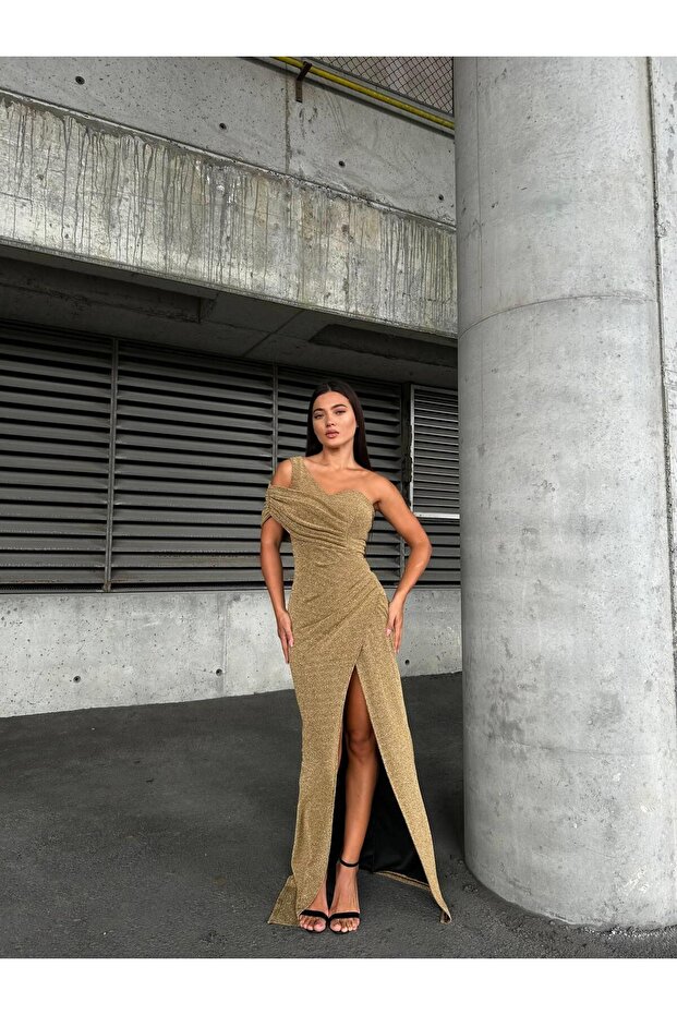 One Shoulder Slit Flowers Fabric Dress Gold 583203