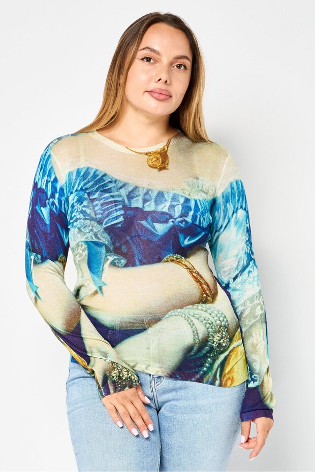 Women Round Neck Long Sleeve Allover Print Top, Multicolor