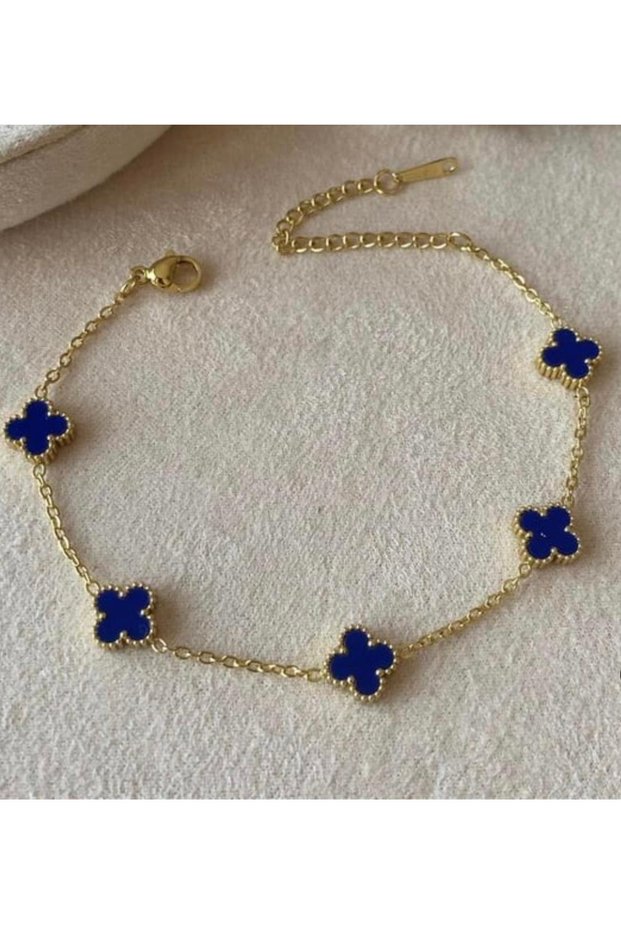 Steel Gold Color Navy Blue Minimal Clover Bracelet