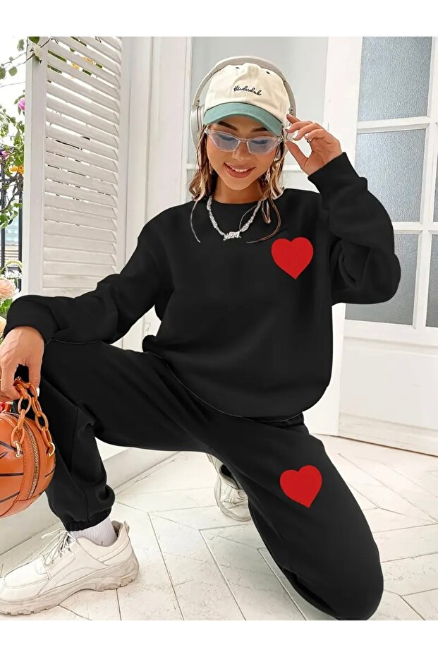 Unisex Oversized Cycling Collar Bottom/Up Top Tracksuit Set with Red Heart Print