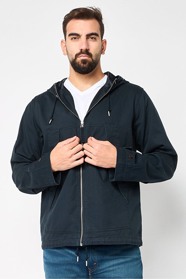 جاكيت جينز رجالي سادة بغطاء رأس ، أزرق داكن - 1