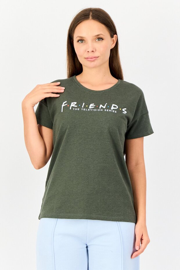 x Friends Women Graphic Print Short Sleeves Sleepwear Top, Dark Olive