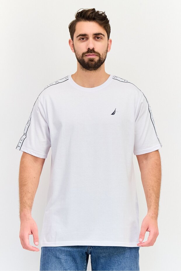 Men Crew Neck Short Sleeves Embroidered Logo T-Shirt, White
