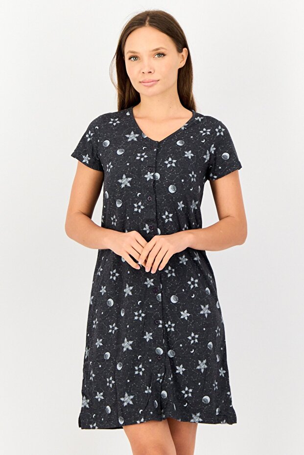 Women All Over Print Short Sleeves Sleeping Dress, Multicolor