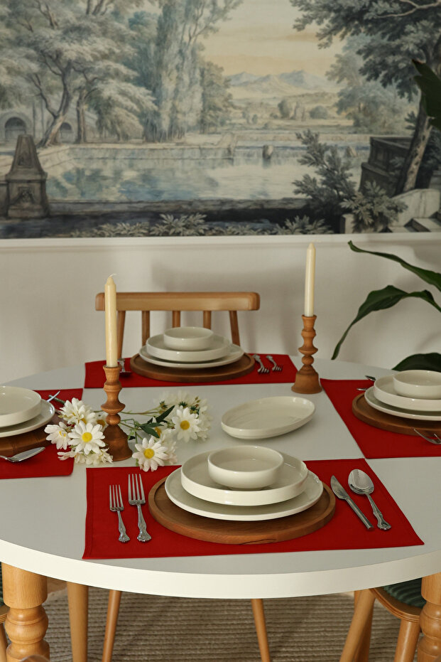 4-Piece Pera Red Duck Linen Washable, Stain-Resistant Supla American Service Set with Piping Detail