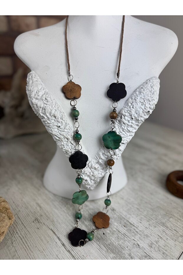 Ahşap çiçekli uzun renkli kolye - 1