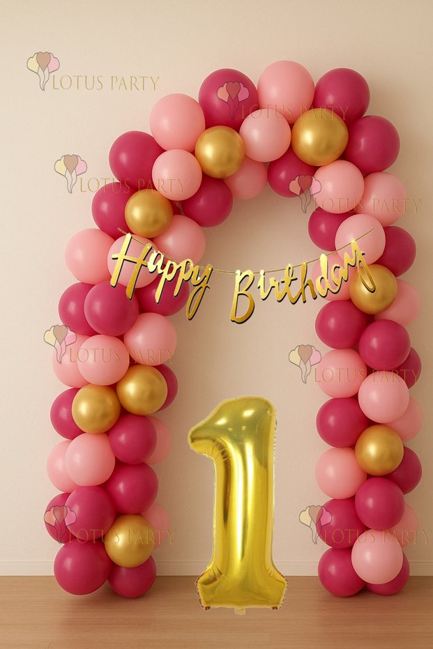 Pink 1 Year Old Set Fuchsia Pink Gold Color Balloon Gold Happy Birthday Banner Gold Number Balloon Chain
