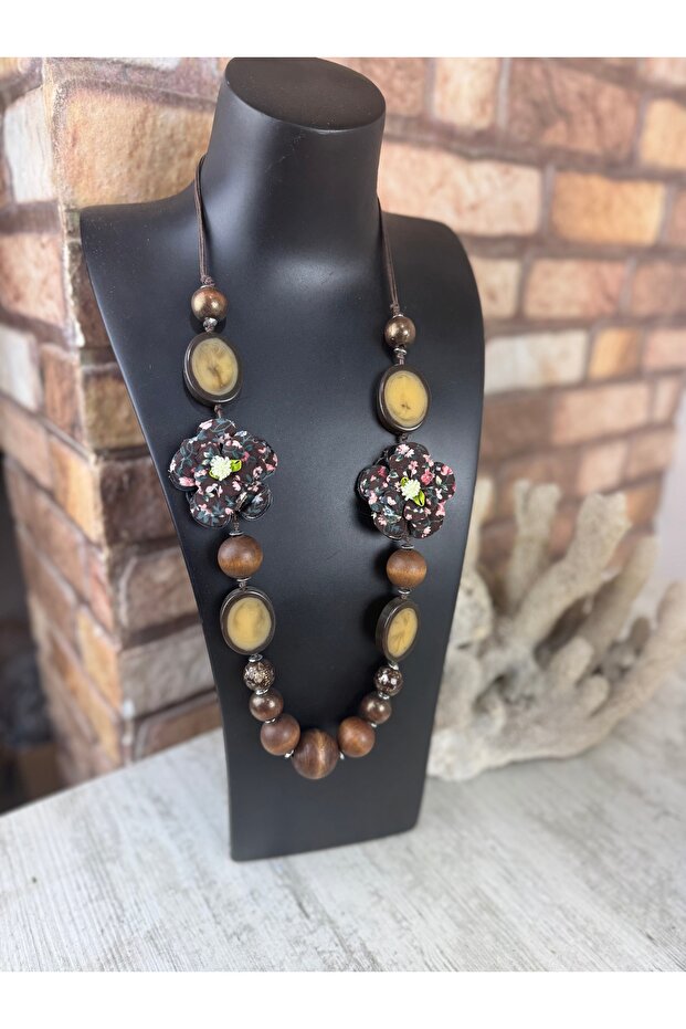 Kahve uzun çiçekli tasarım kolye - 2