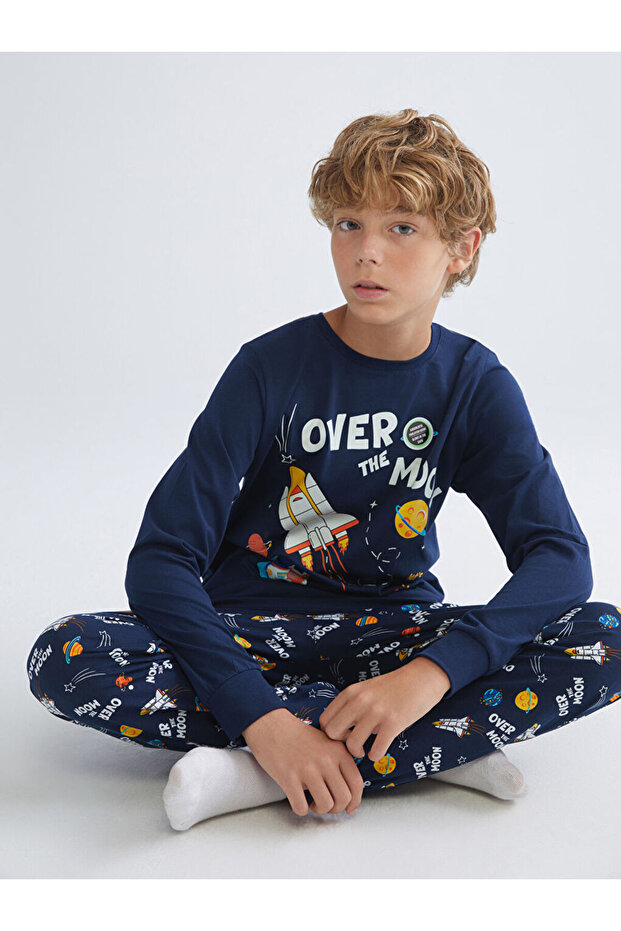 Lacivert Bisiklet Yaka Erkek Çocuk Pijama Takımı - 1