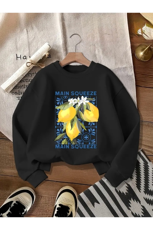 سويت شيرت MAİN SOUZE كبير الحجم مطبوع عليه ليمون للجنسين للنساء/الرجال برقبة دائرية