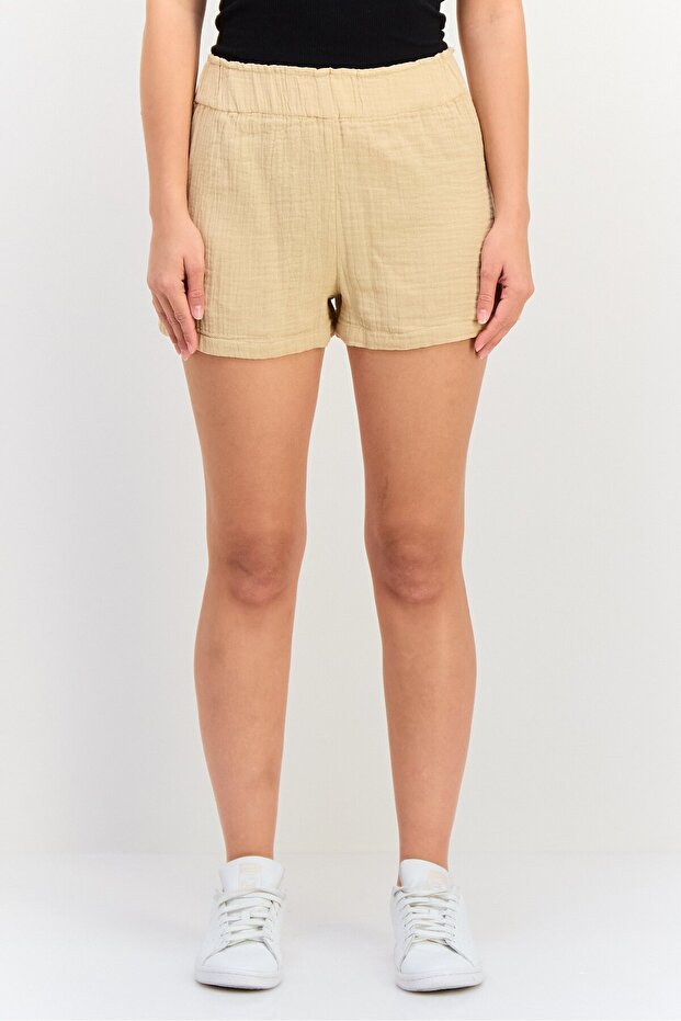 Women Textured Basic Shorts, Tan