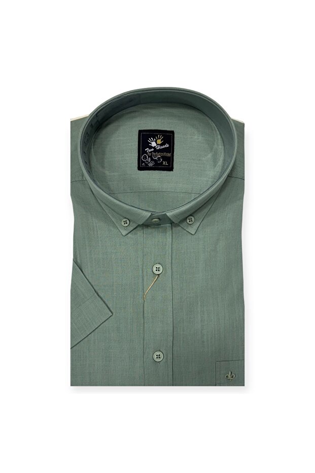 Two Hands Men's Classic Relaxed Fit Short Sleeve Single Pocket Woven Linen Shirt 0209
