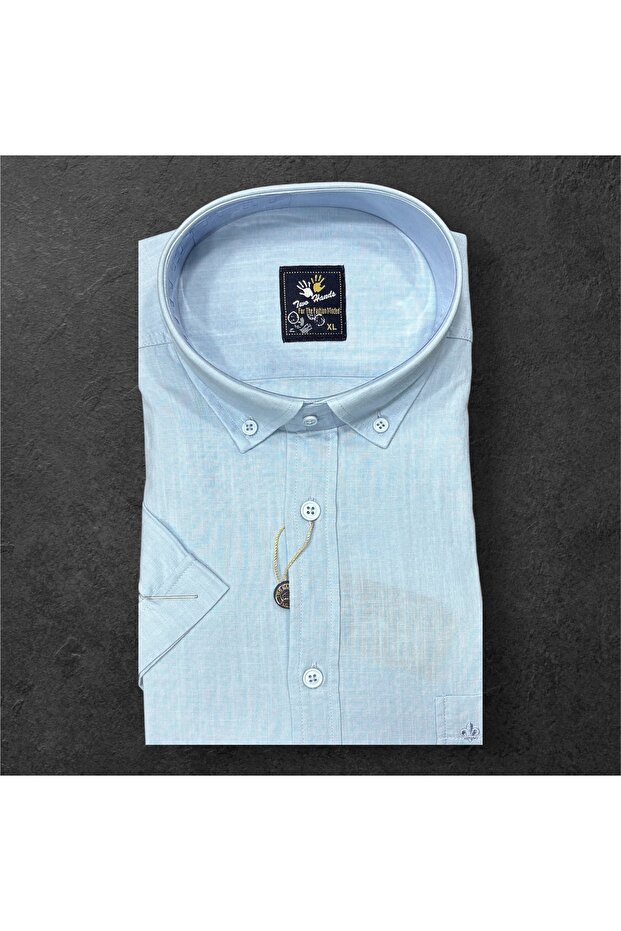 Two Hands Men's Classic Relaxed Fit Short Sleeve Single Pocket Woven Linen Shirt 0209
