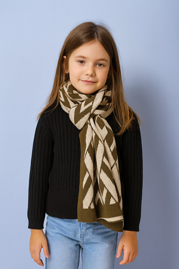 V Patterned Double-Sided Knitwear Children's Scarf (Age 5-10, 30X140Cm)