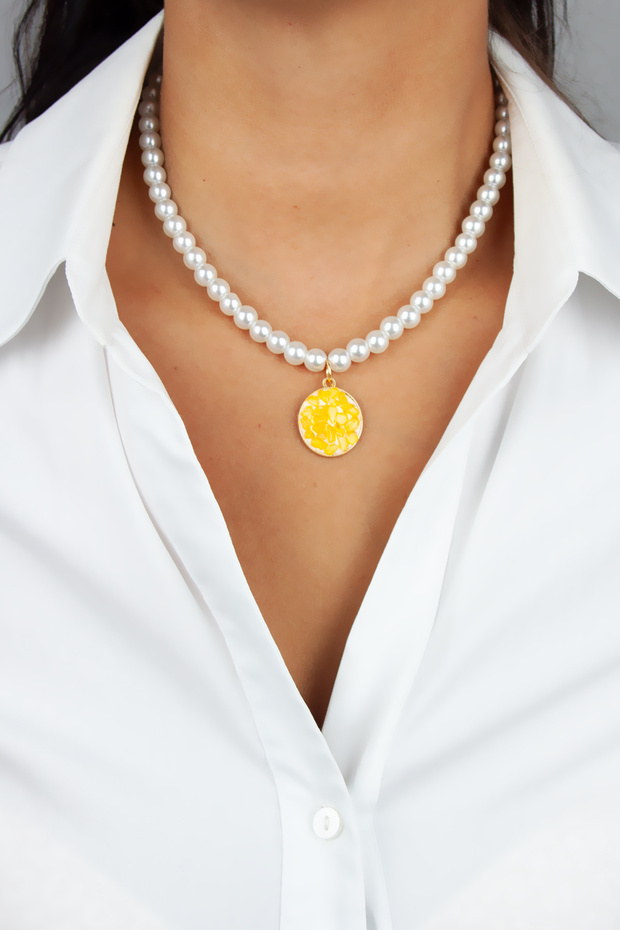 Yellow Agate Natural Stone Tipped Glass Pearl Necklace