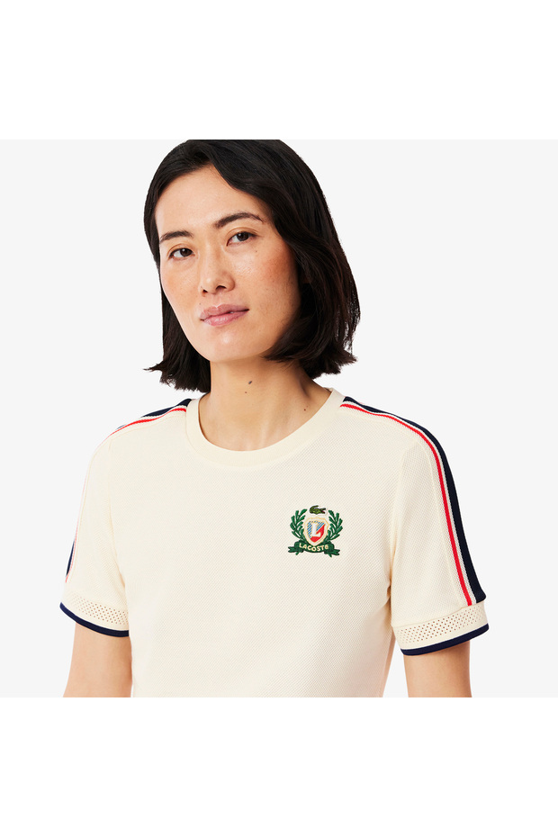 Kadın Slim Fit Bisiklet Yaka Renk Bloklu Krem T-Shirt - 2