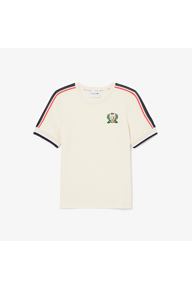 Kadın Slim Fit Bisiklet Yaka Renk Bloklu Krem T-Shirt - 4