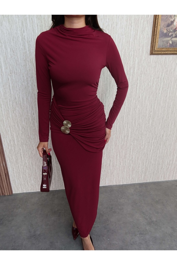 Uzun Kol Aksesuar Drapeli Maxi Elbise - 3