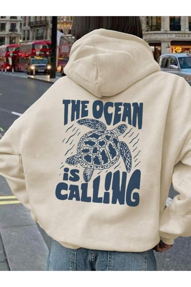The Ocean Back Print Beige Hooded Kangaroo Pocket Sweatshirt Hoodie