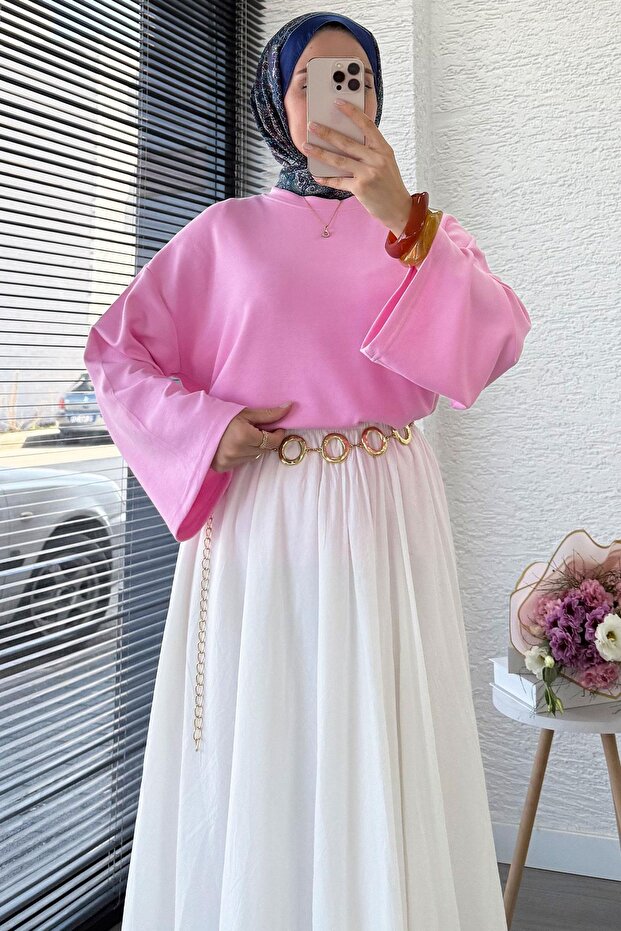 Volan Kol Basic Bluz - Pembe - 3