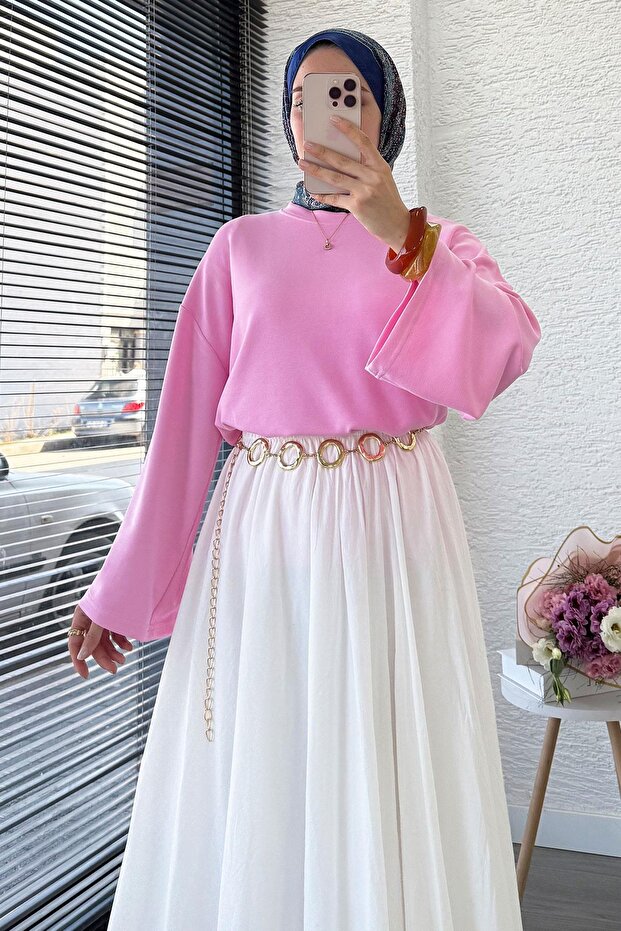 Volan Kol Basic Bluz - Pembe - 2